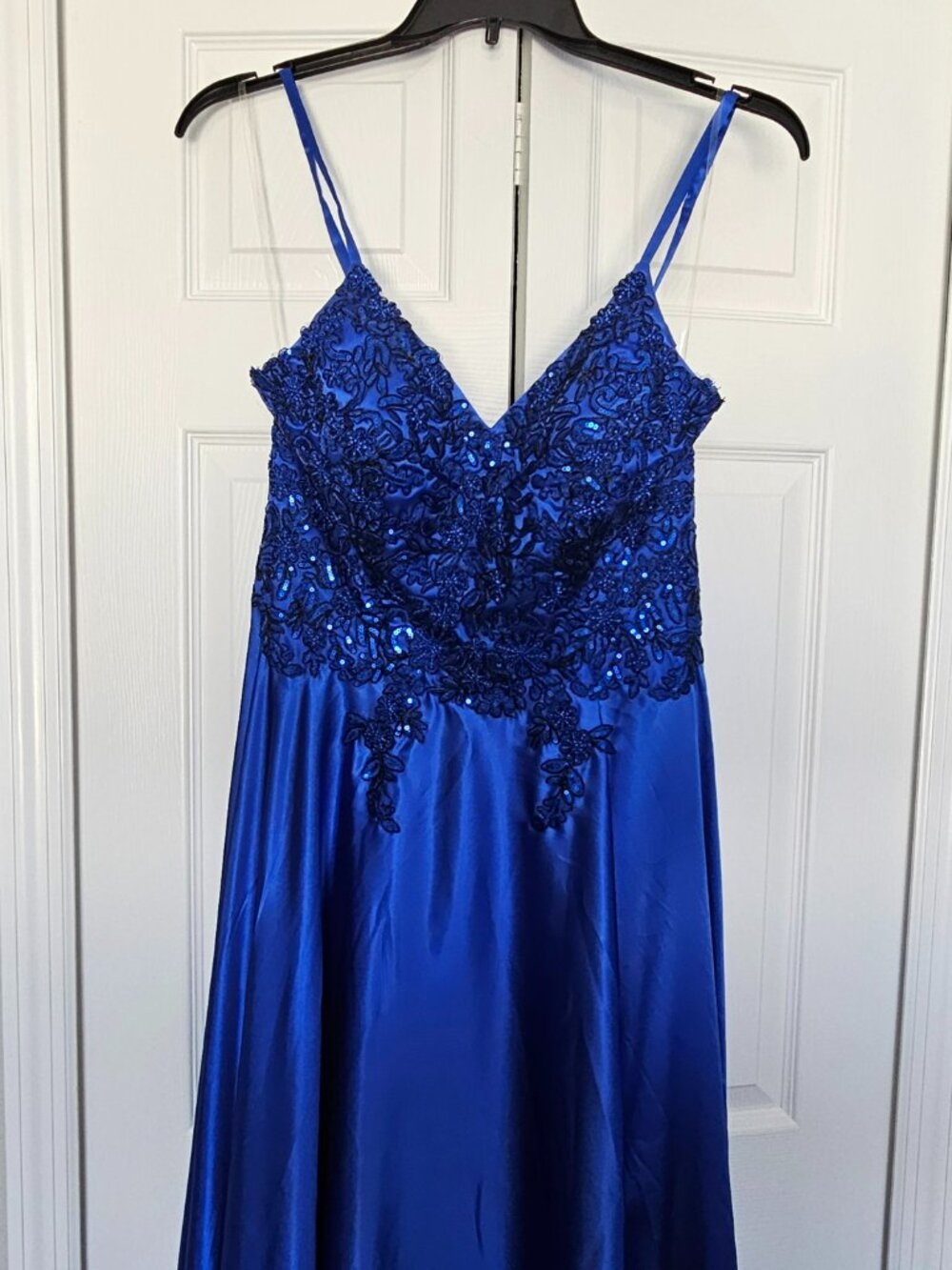 Full-Length Royal Blue V-Neck Satin Dress with straps, lace-up back (Stacees)